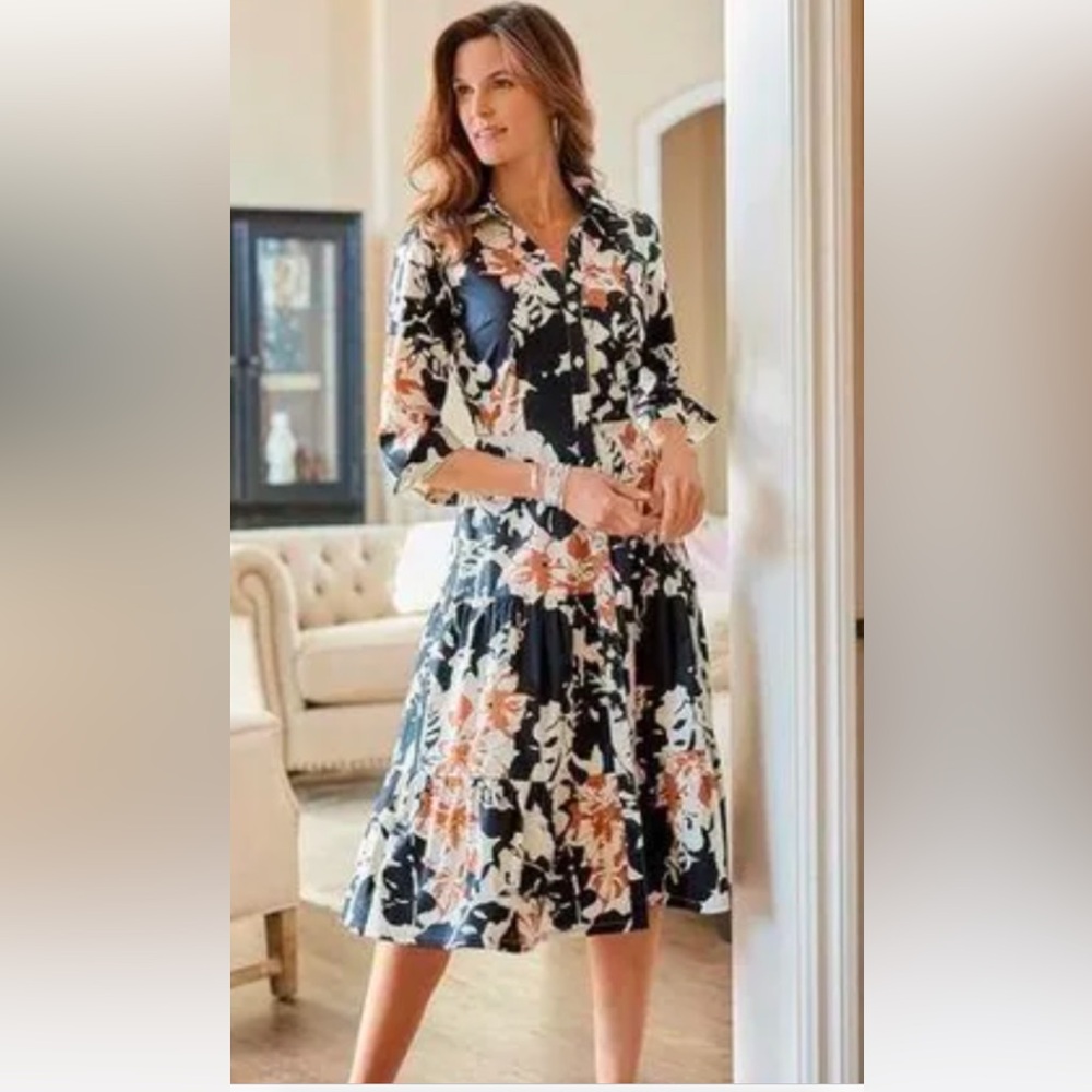 NWOT Soft Surroundings Floral Print 3/4 Sleeve Midi Shirt Dress